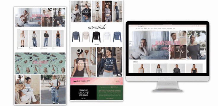 Digital fashion marketing material showing clothing, accessories, and sale discounts on a smartphone, tablet, and enlarged posters.