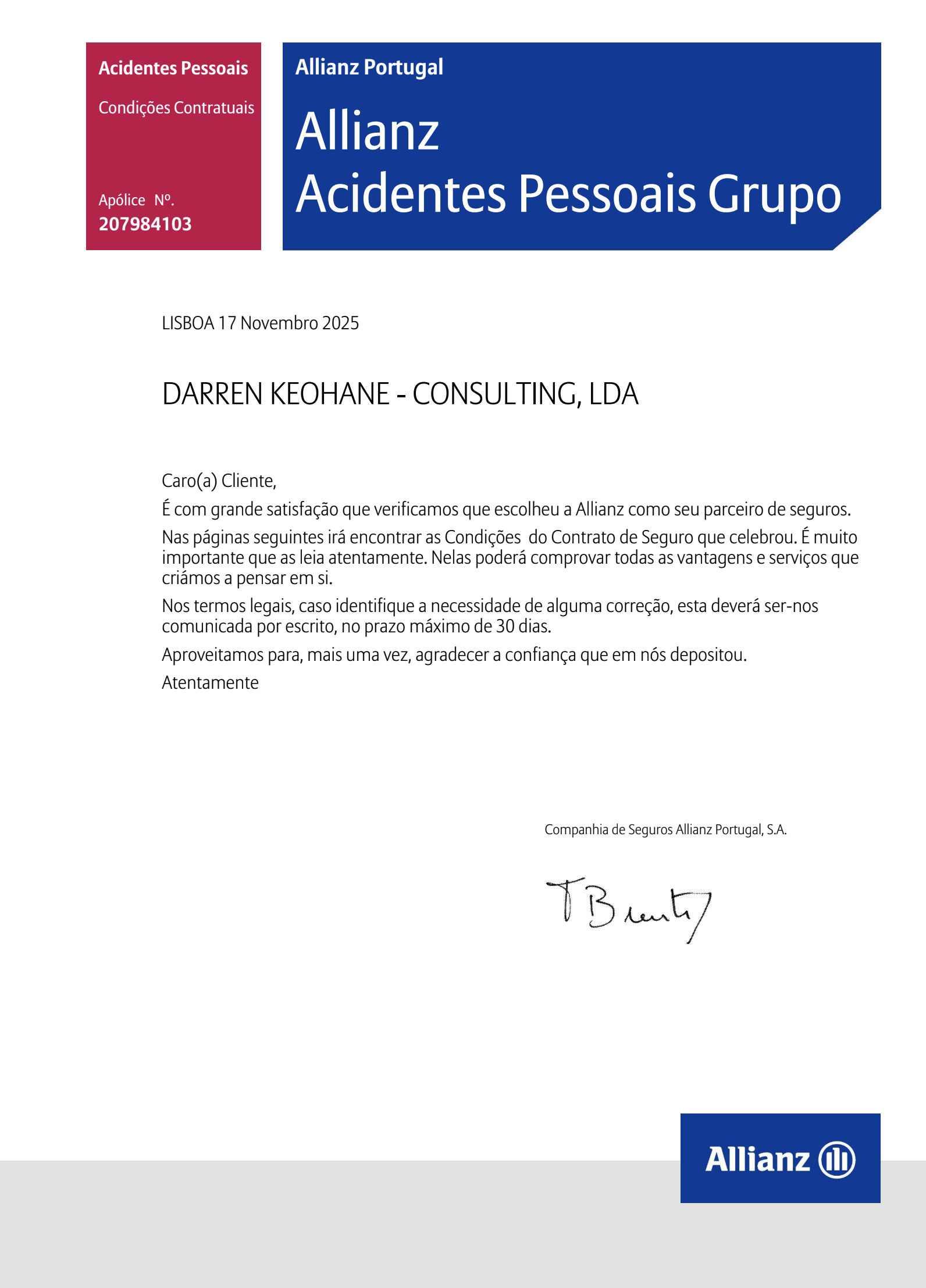 Cover of an insurance document from Allianz Portugal, dated November 17, 2025, addressed to Darren Keohane, discussing insurance policy conditions and thanking the client for their trust.