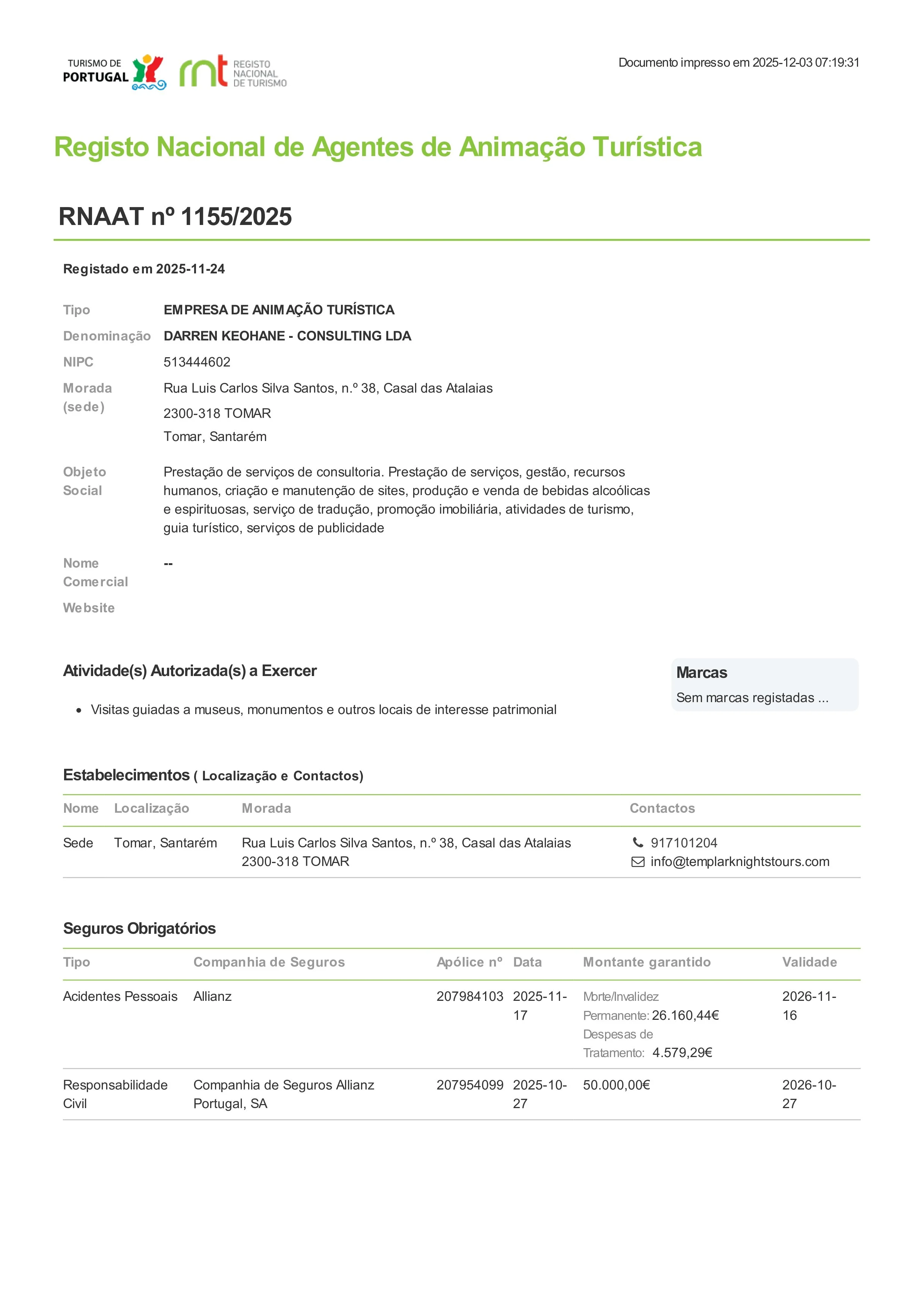 Official document from Portugal's Tourism Register listing a tourist animation agency with contact information, activities, and insurance details.