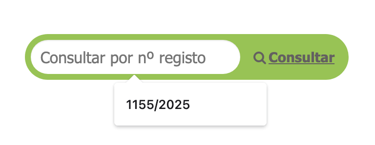 Screenshot of a web search interface with a green search bar that says 'Consultar por n° registro' and a green 'Consultar' button, displaying the number '1155/2025' in a dropdown.