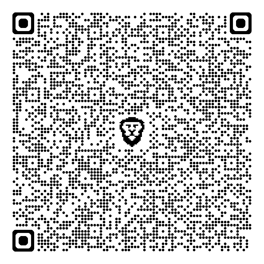 A QR code with a lion's face logo in the center.
