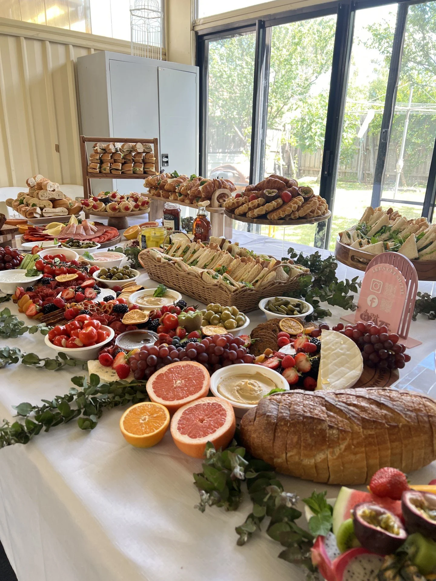 100 guest breakfast/brunch grazing table set up + 1m savoury grazing runner + add-ons