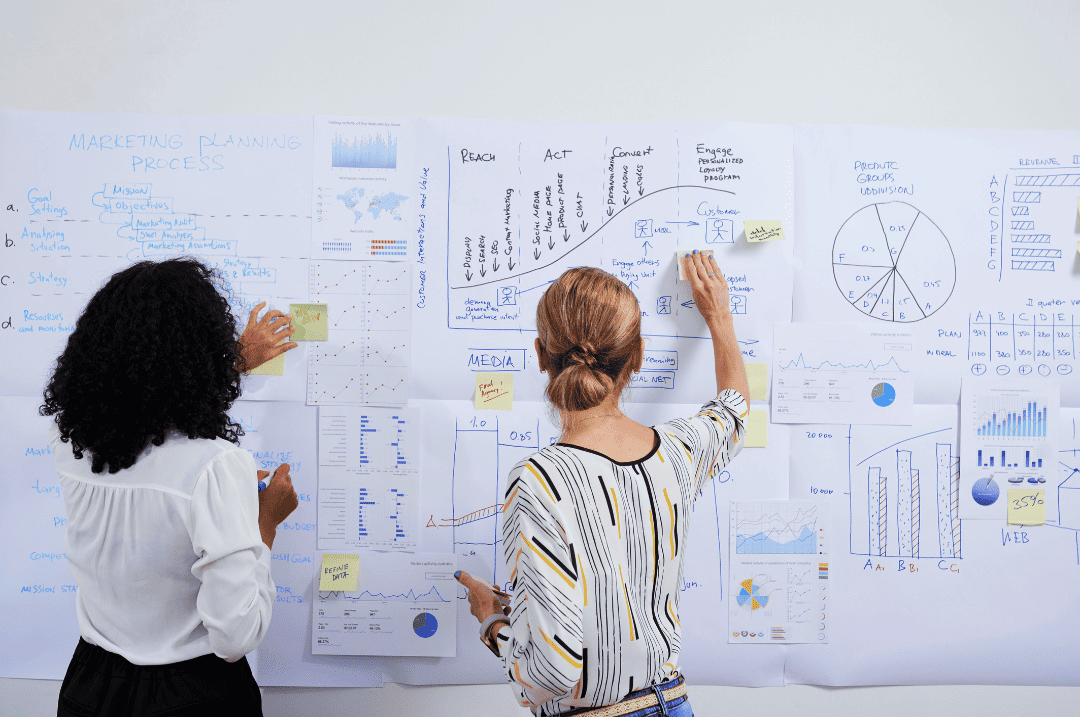 two women writing processes and diagrams on a large wall
