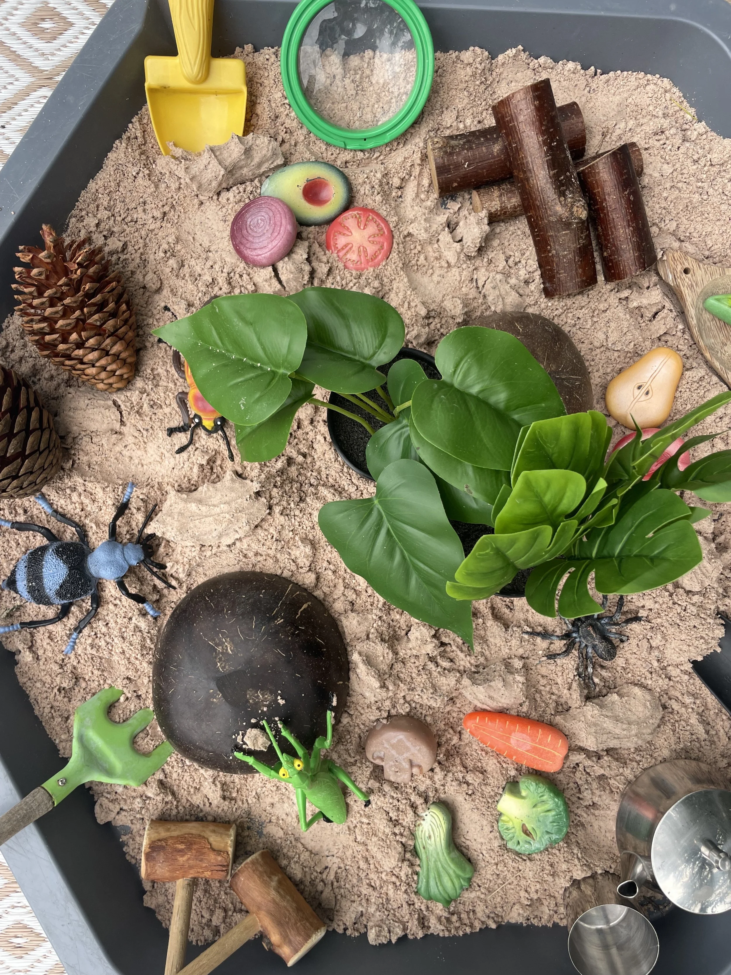Children's sandbox with toy insects, plastic vegetables, animal figures, toy tools, and a plant.