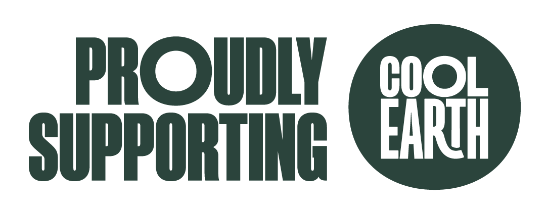 A graphic design with the words 'Proudly Supporting' and a circle with the words 'Cool Earth' inside, using dark green font on a black background.