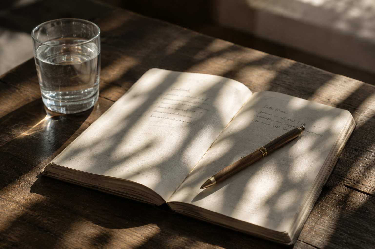 An open journal and glass of water in natural morning light, representing reflection, intention and the conscious design of everyday life.