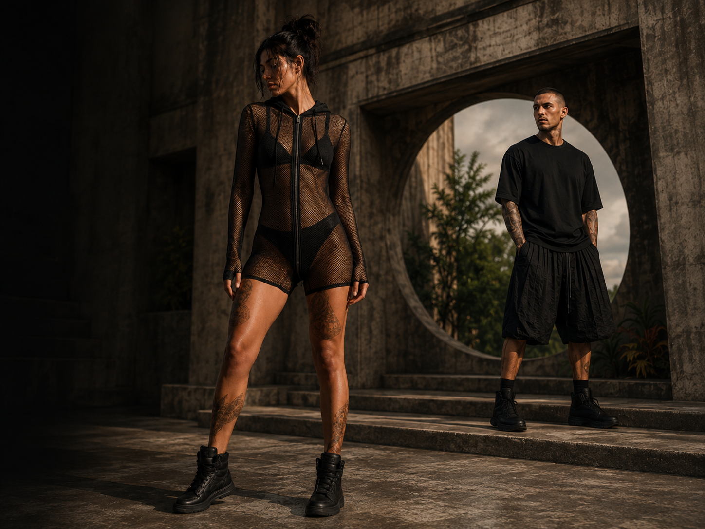 A woman in a black fishnet hoodie and undergarments, wearing combat boots, stands in the foreground, looking down, with tattoos on her legs and arms. A man in a black T-shirt, knee-length shorts, and combat boots stands behind her, looking to the side. They are outdoors in front of a large concrete structure with circular openings, with trees and a cloudy sky in the background.