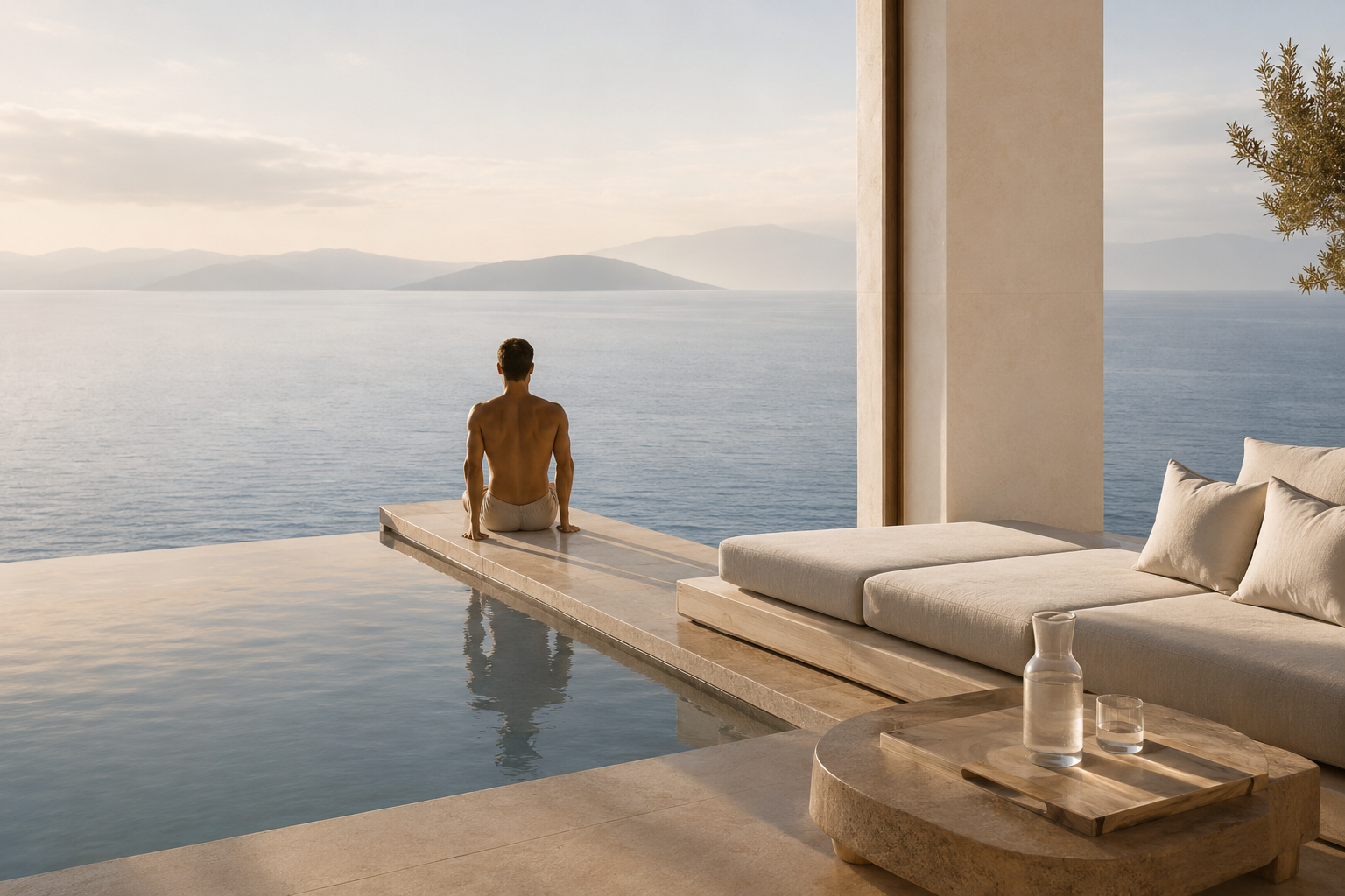 Man sitting beside an infinity pool overlooking the sea, reflecting the personalised and integrative nature of The Zenquility Method.