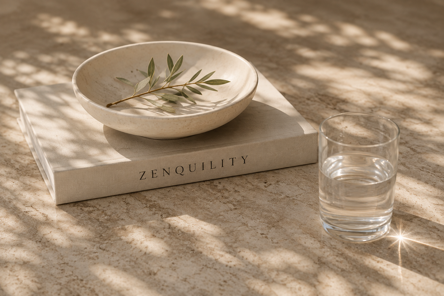 Natural still life with water, olive branch and stone textures, representing Zenquility's whole-life approach to intentional wellbeing.