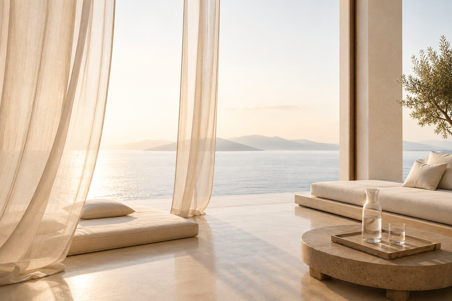 Sheer linen curtains opening onto a peaceful sea view, representing alignment, spaciousness and Internal Luxury.