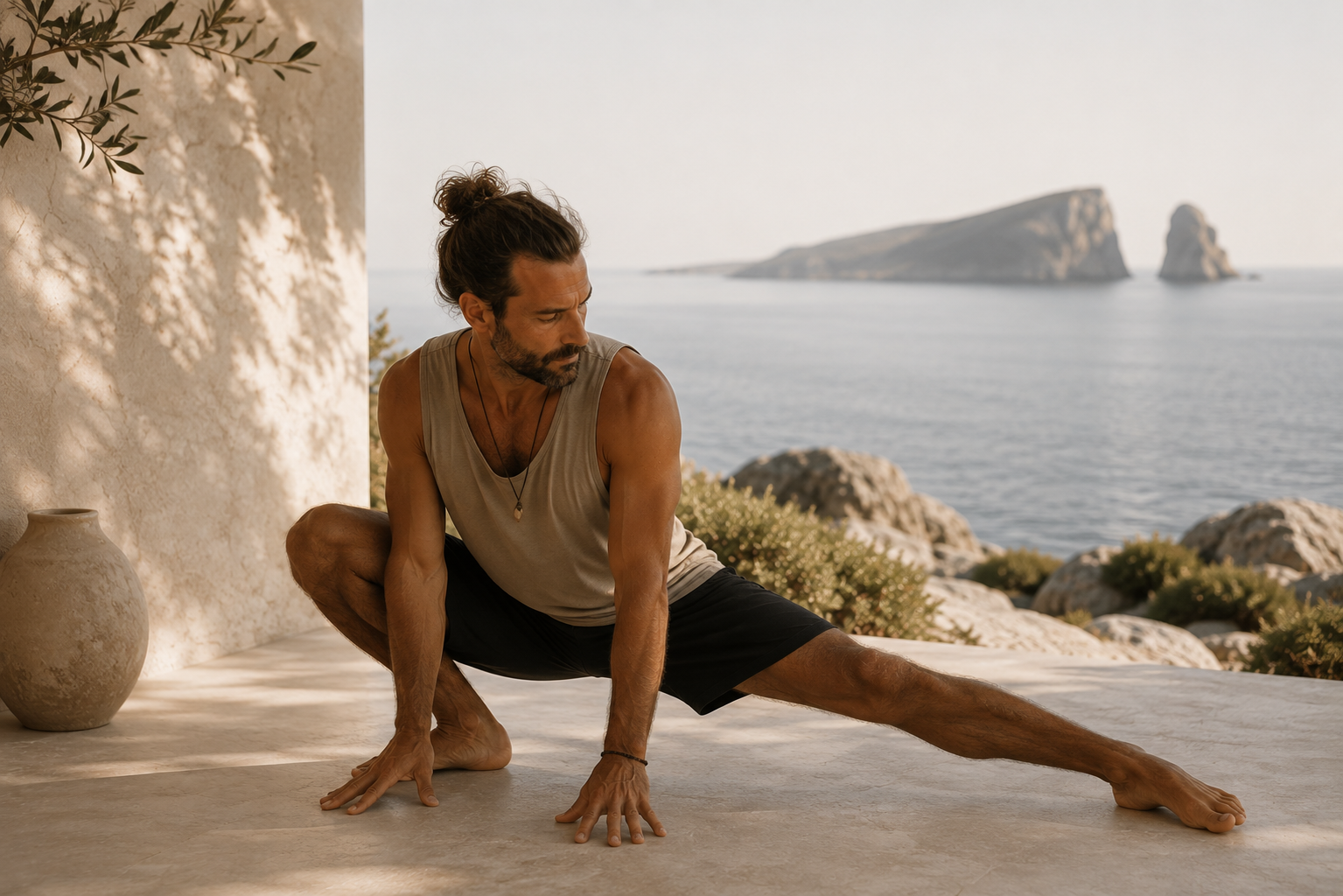 Man practising natural movement outdoors, representing movement, restoration and physical vitality within The Zenquility Method.