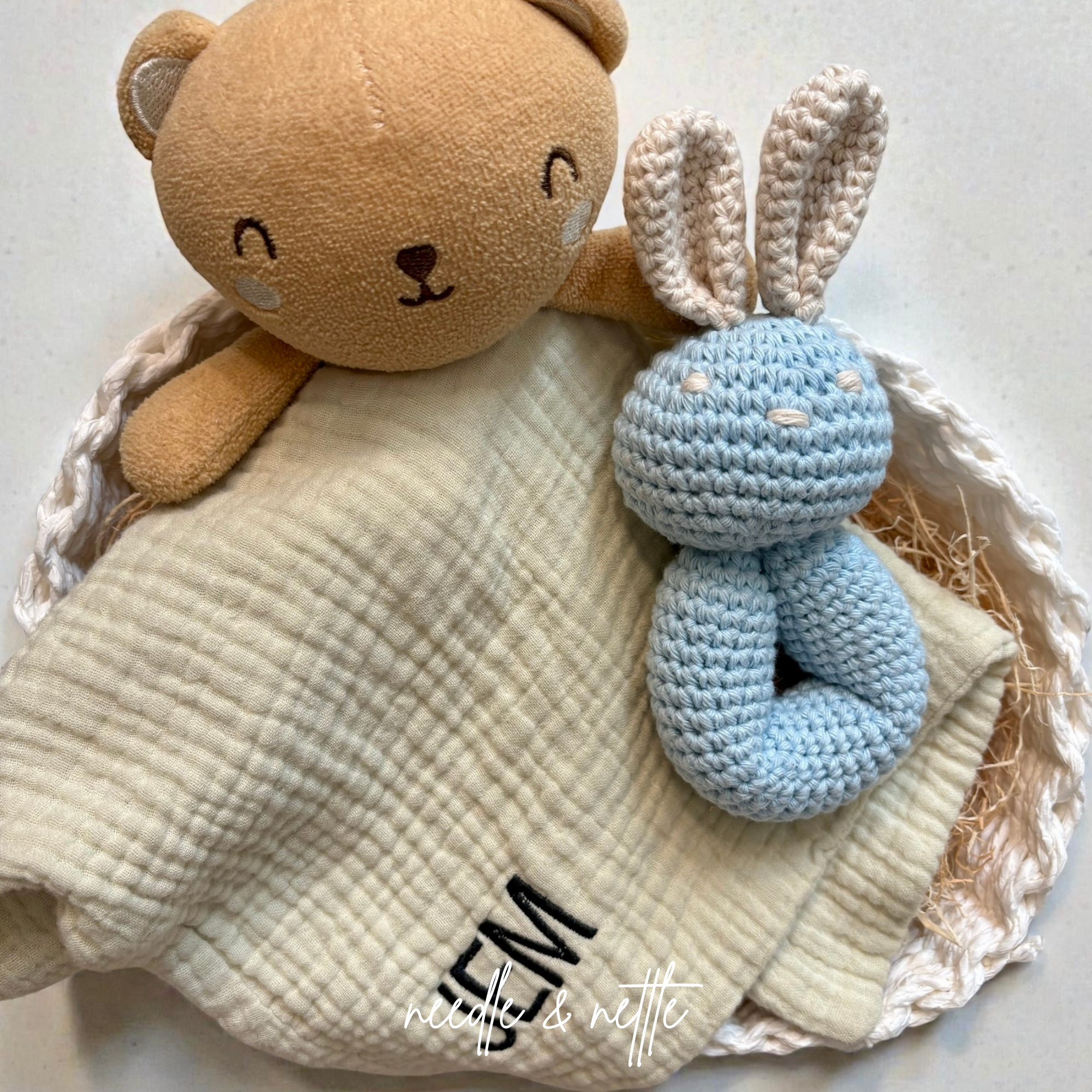 Organic Custom Embroidered Bear Lovey & Organic Handmade Baby Rattle