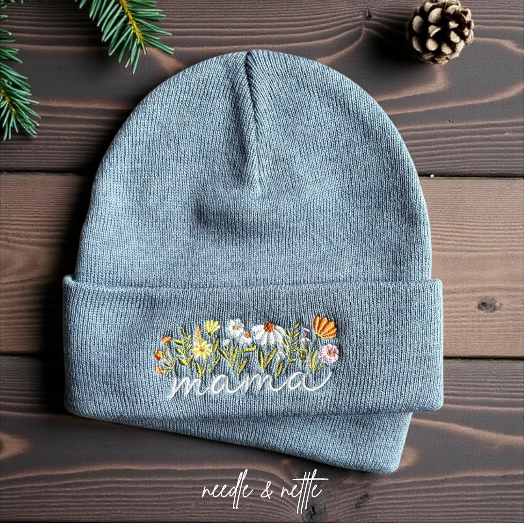 Embroidered Mama Flower Beanie