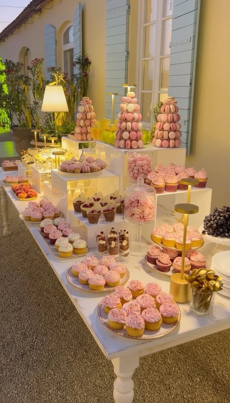 Dessert table with pink and white cupcakes, macarons, and other sweets, set against a yellow wall with windows and potted plants.