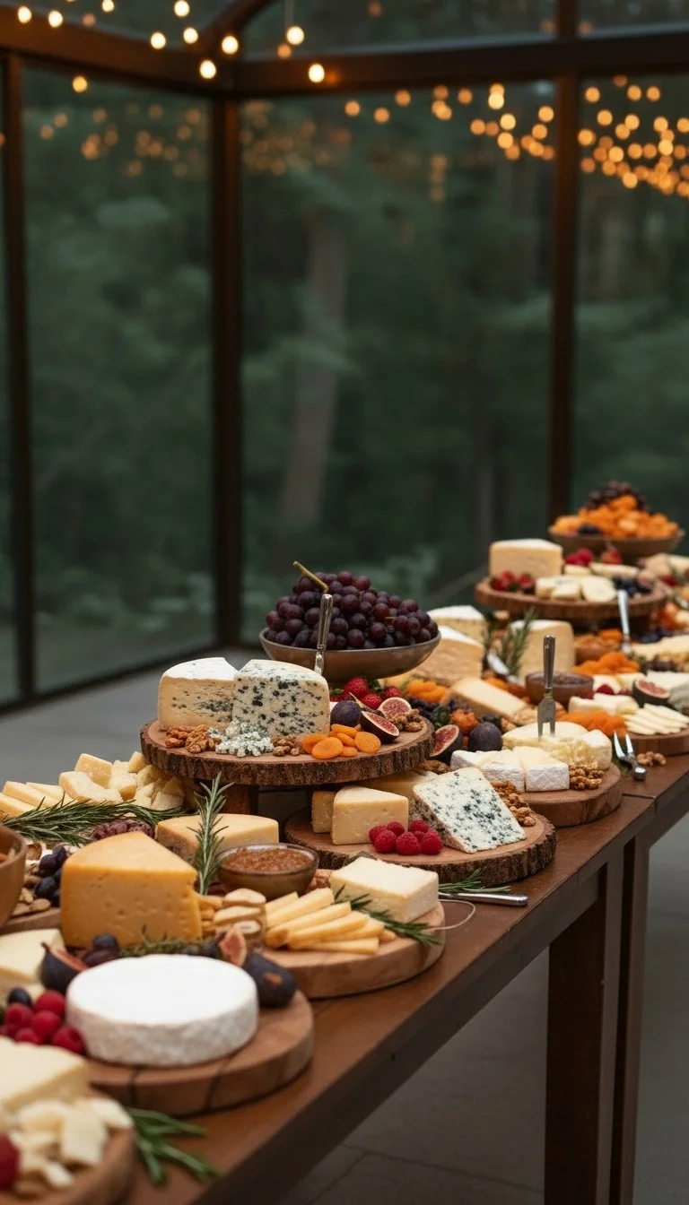 A long wooden table with various cheeses, grapes, berries, and crackers, decorated with sprigs of rosemary, set in a bright room with large windows and string lights overhead.