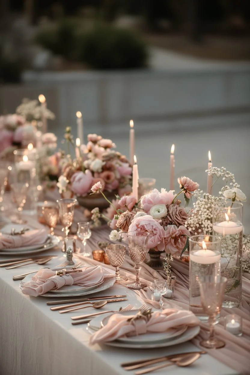 Elegant outdoor table setting with pink and white floral arrangements, candles, and glassware for a wedding or special occasion.