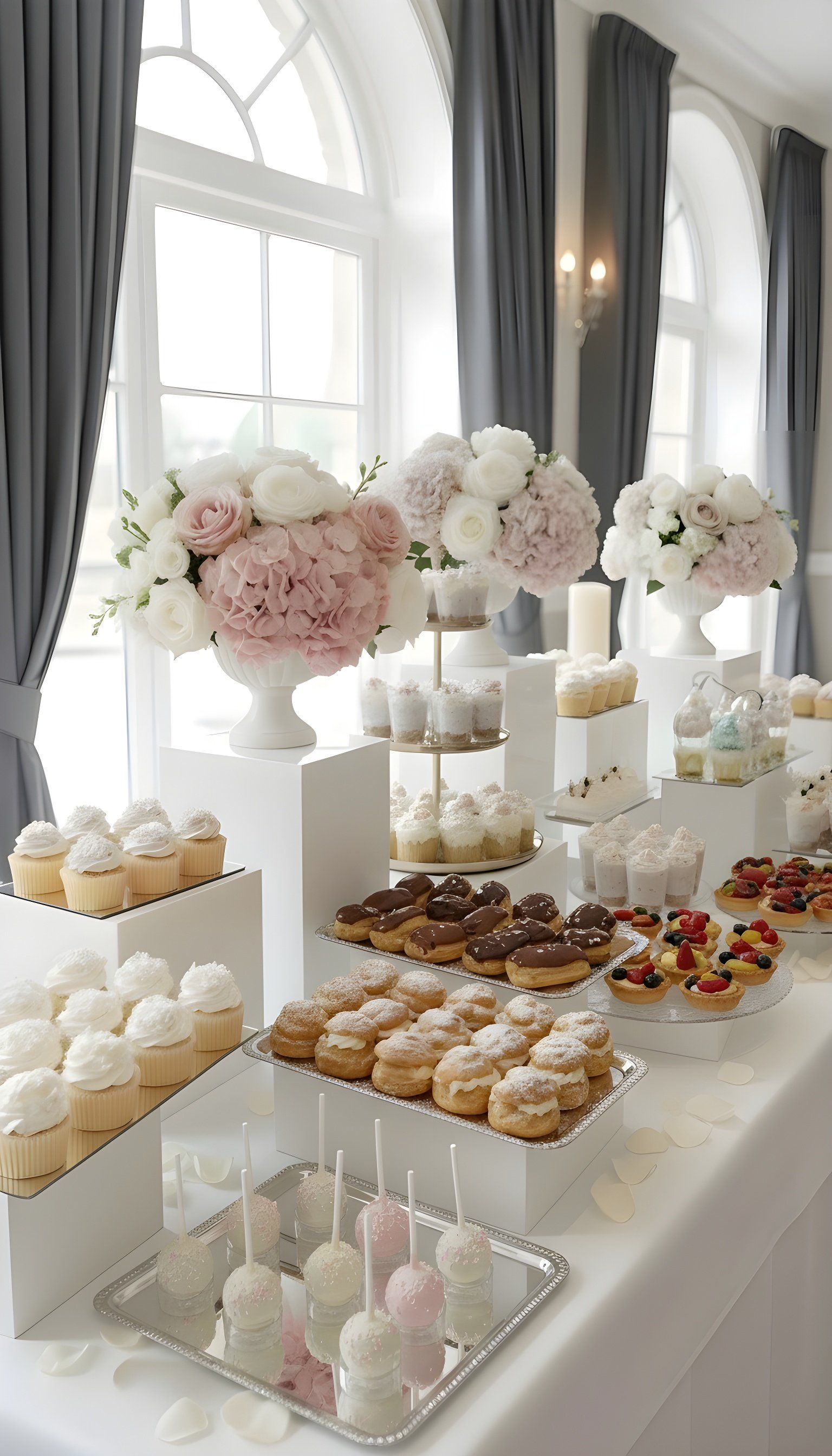 A table with an assortment of desserts including cupcakes, cream puffs, eclairs, cake slices, cookies, and cake pops, decorated with pink and white flowers in a bright room with large windows and dark curtains.
