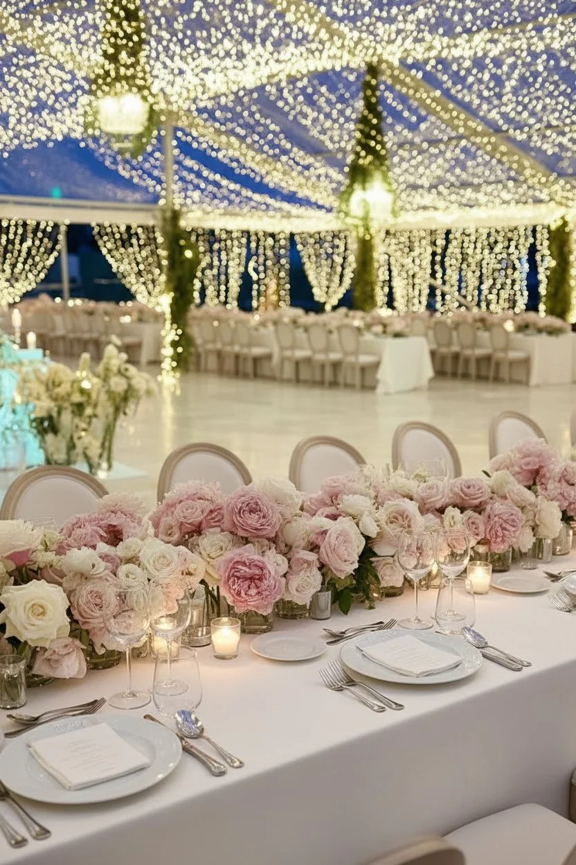 Elegant banquet hall decorated with string lights, featuring a long table set for a formal event with pink and white floral arrangements and place settings.