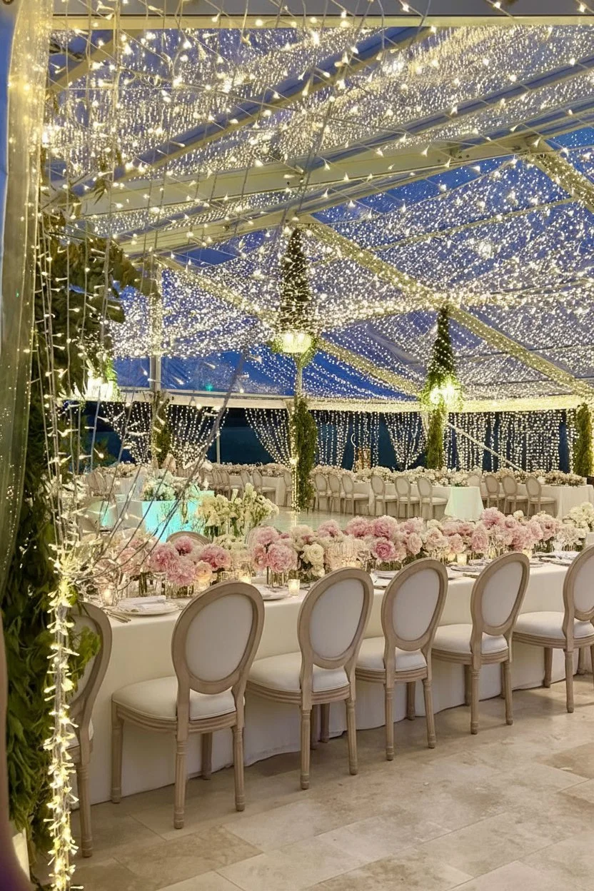 Elegant banquet table decorated with pink and white flowers, surrounded by white chairs, under a canopy of string lights and drapery, creating a festive atmosphere for a celebration.