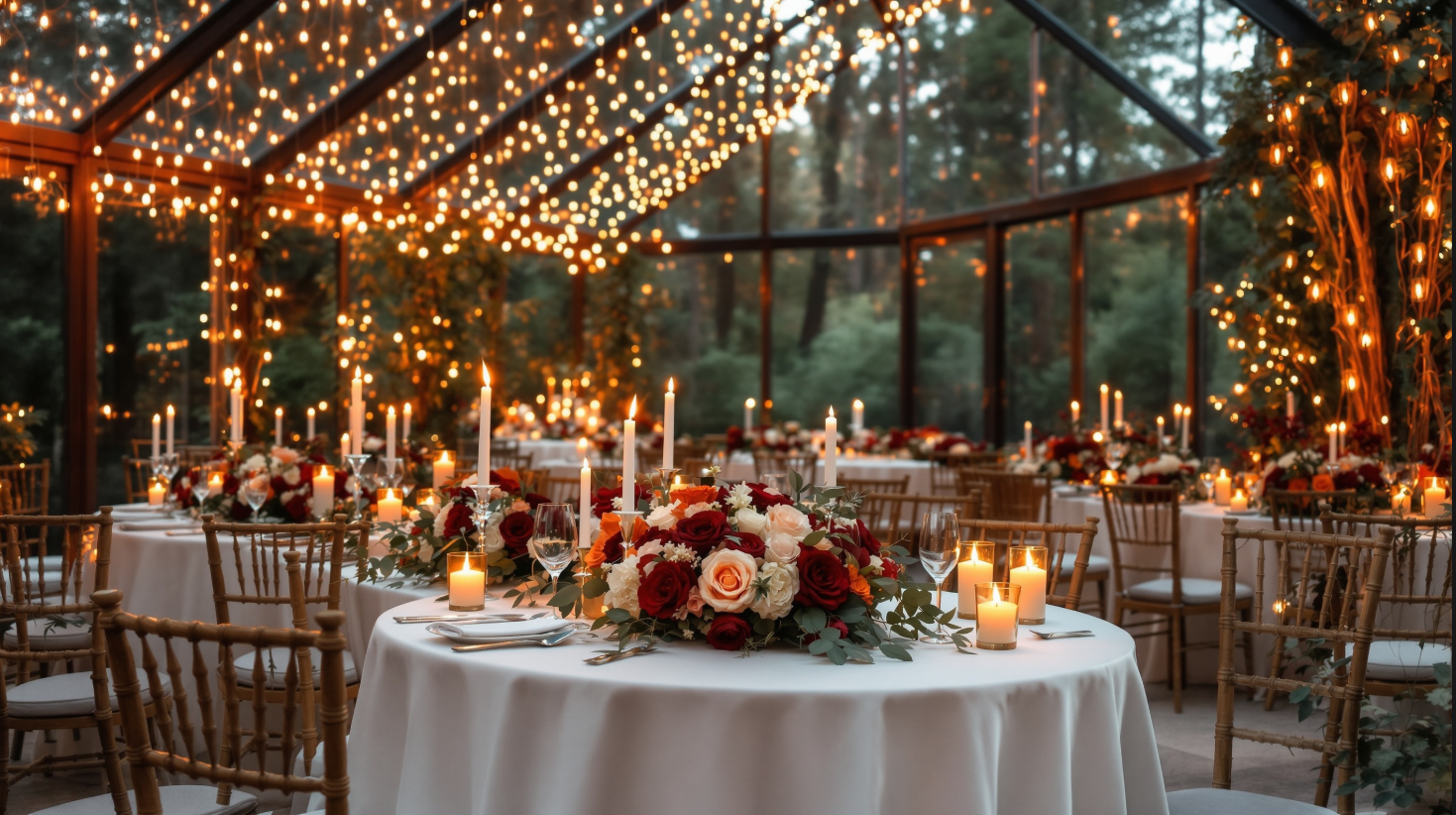 Elegant indoor wedding reception setup with round tables covered in white tablecloths, decorated with floral centerpieces, candles, and wine glasses. String lights are hanging from the ceiling, creating a warm ambiance in a glass-walled venue surroun