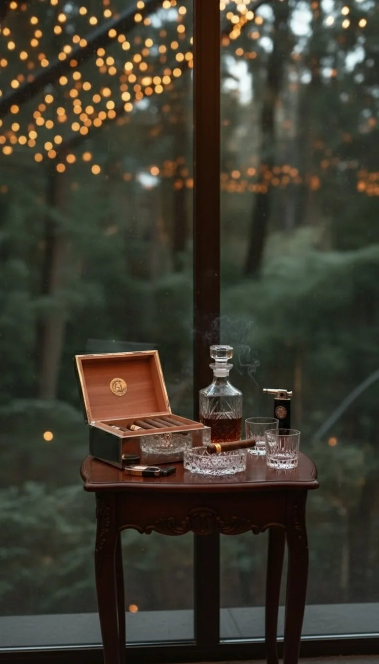A wooden table holding a cigar box, two empty glasses, a glass decanter with a dark liquid, a lit cigar in an ashtray, and a lighter, with a large window showing a blurry forest scene and string lights outside in the background.