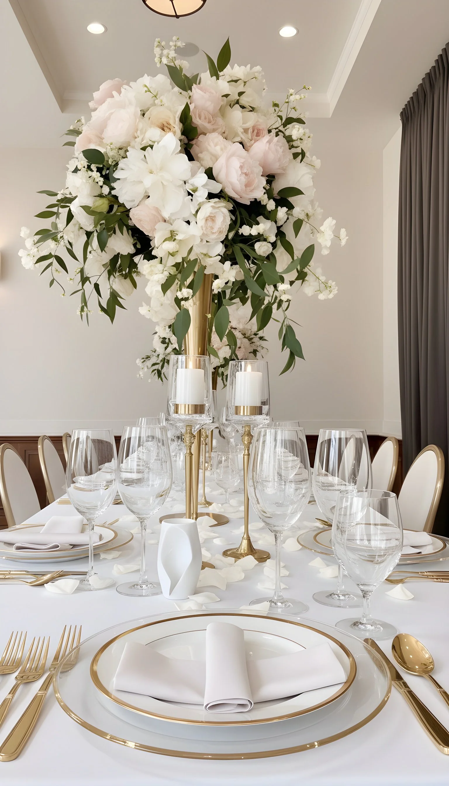 Wedding or formal event table setting with gold-accented plates, flatware, wine glasses, white napkins, a tall flower arrangement with white and blush pink flowers, and candle holders with white candles.