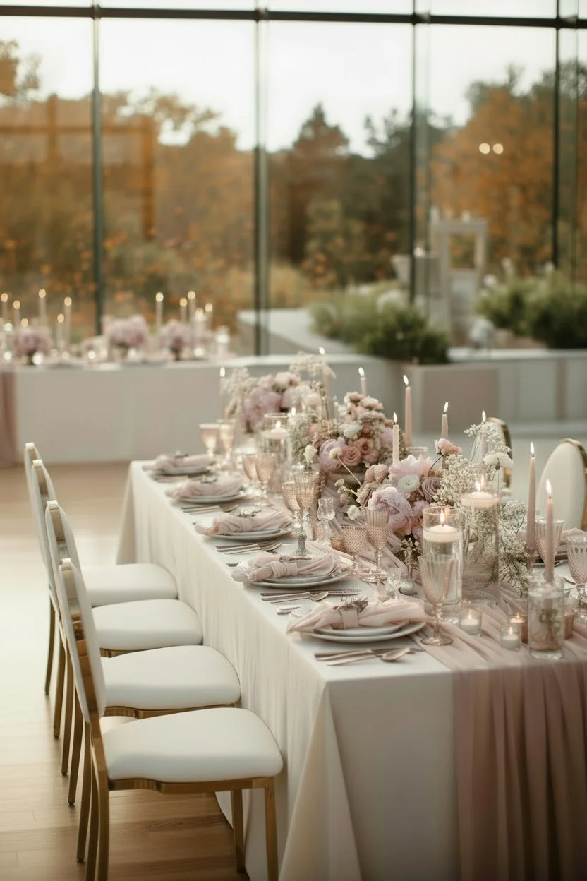 Elegant dinner table decorated with pink and white flowers, candles, and fine glassware in a bright room with large window views of fall foliage.