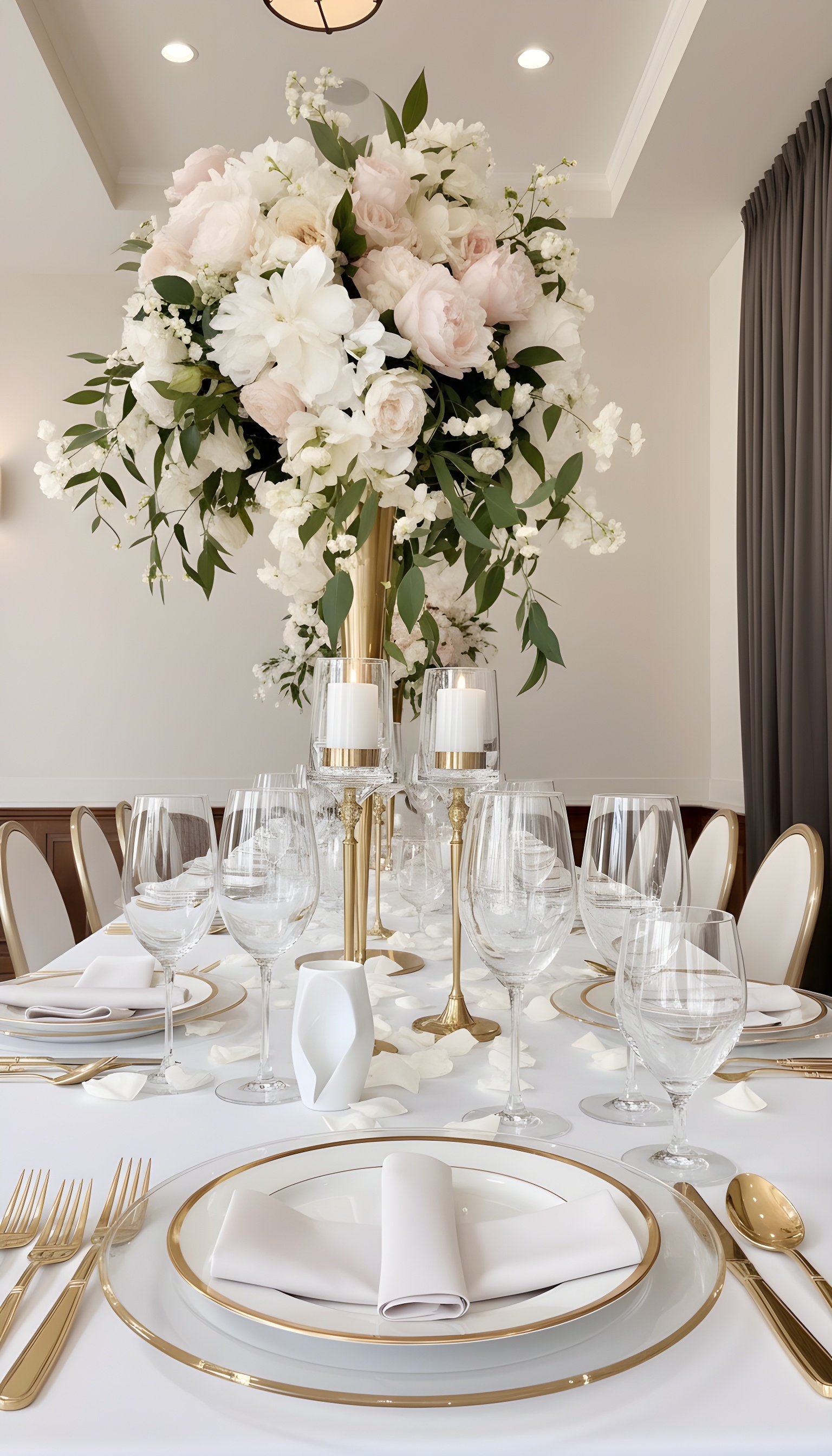 Elegant table setting with white plates, gold cutlery, multiple wine glasses, and a tall floral centerpiece with white and blush pink flowers and green leaves.