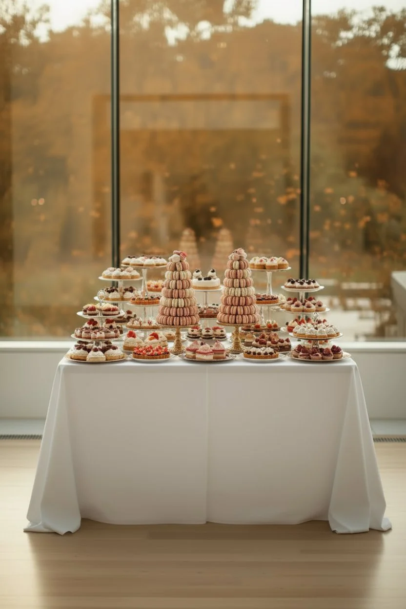 A table with a white tablecloth displays multiple tiers of desserts, including macarons and small cakes, with three upright stacks of pink macarons in the center, set in front of a large window with a blurred outdoor background.