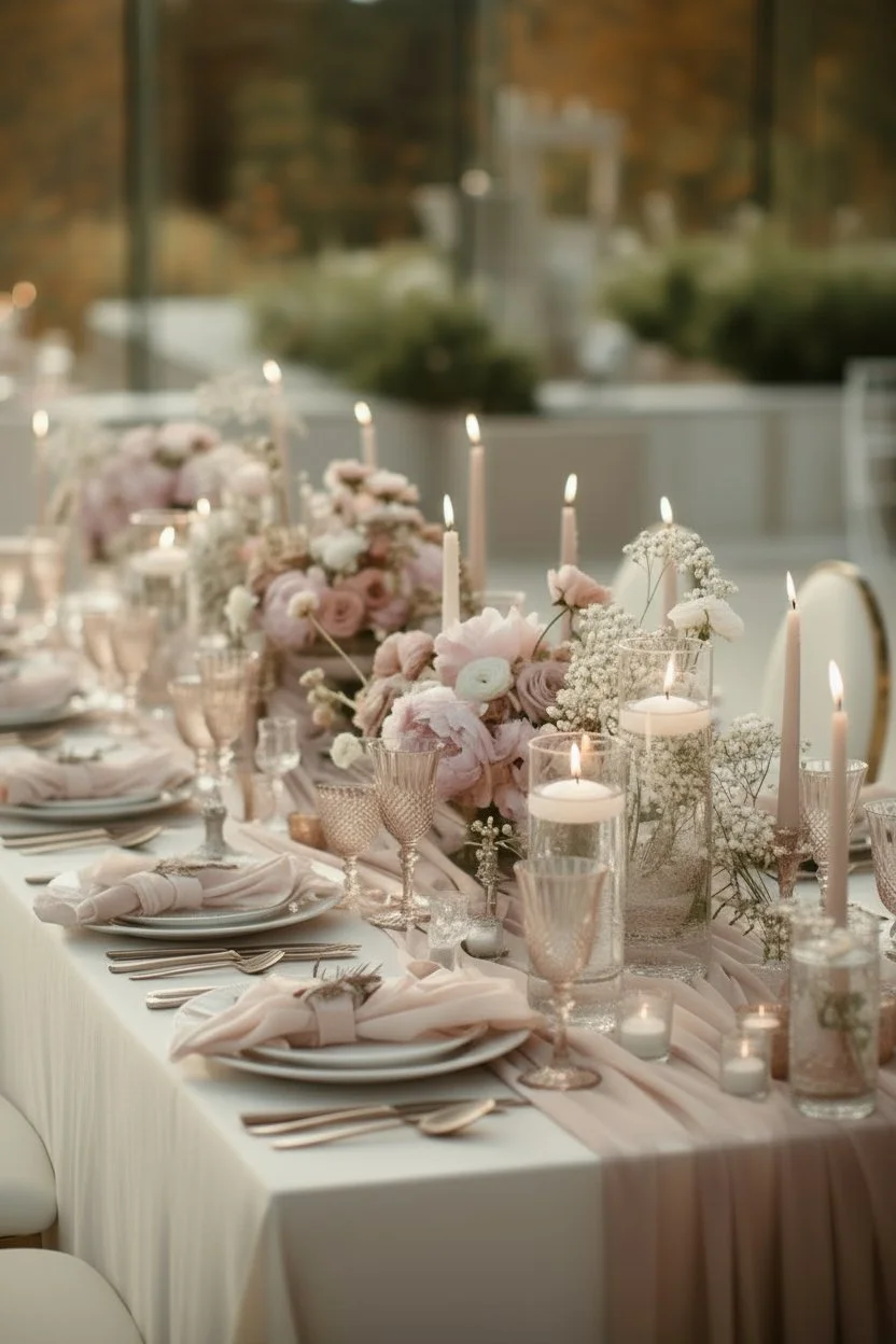 Elegant wedding table decorated with pink and white flowers, tall pink candles, and soft candlelight reflections.