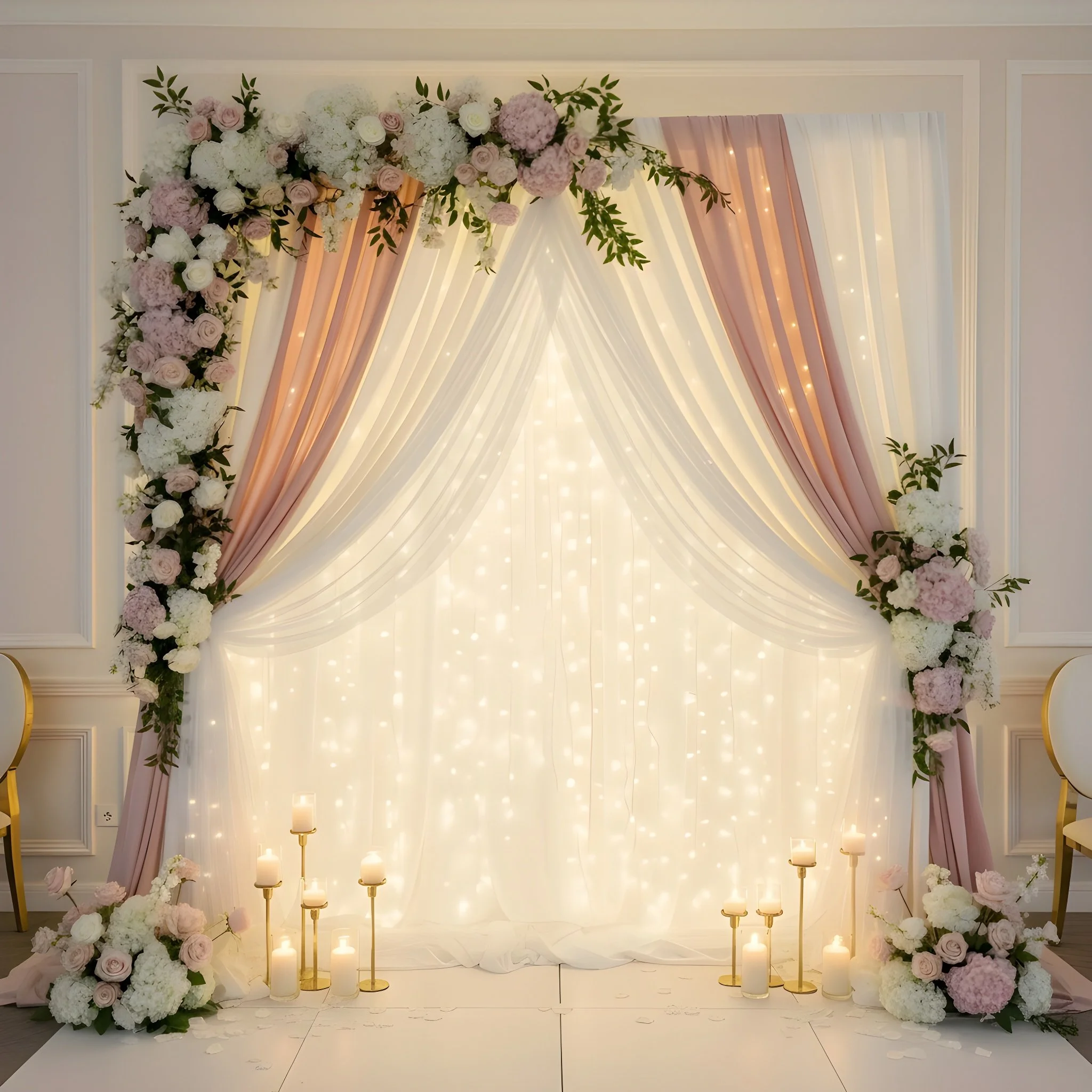Elegant wedding backdrop with white and pink drapes, floral arrangements, and candles.