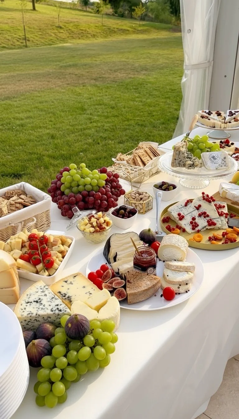 Assorted cheeses, grapes, figs, cracker plates, and desserts on a table outdoors with green grassy hills in the background.