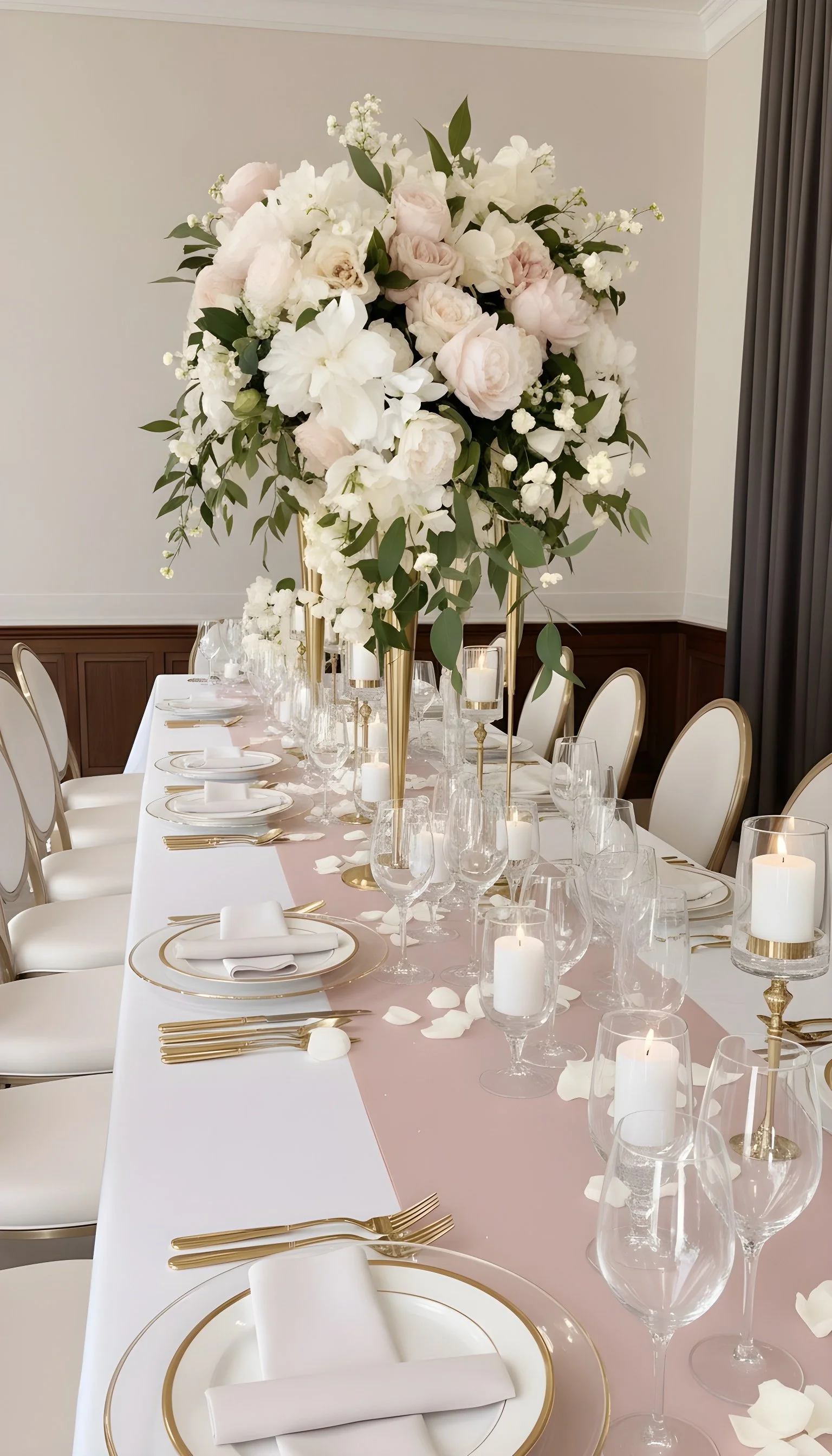 Elegant banquet table with a tall floral centerpiece of white and blush flowers, gold accents, candles, and neatly arranged tableware for a formal event or wedding reception.