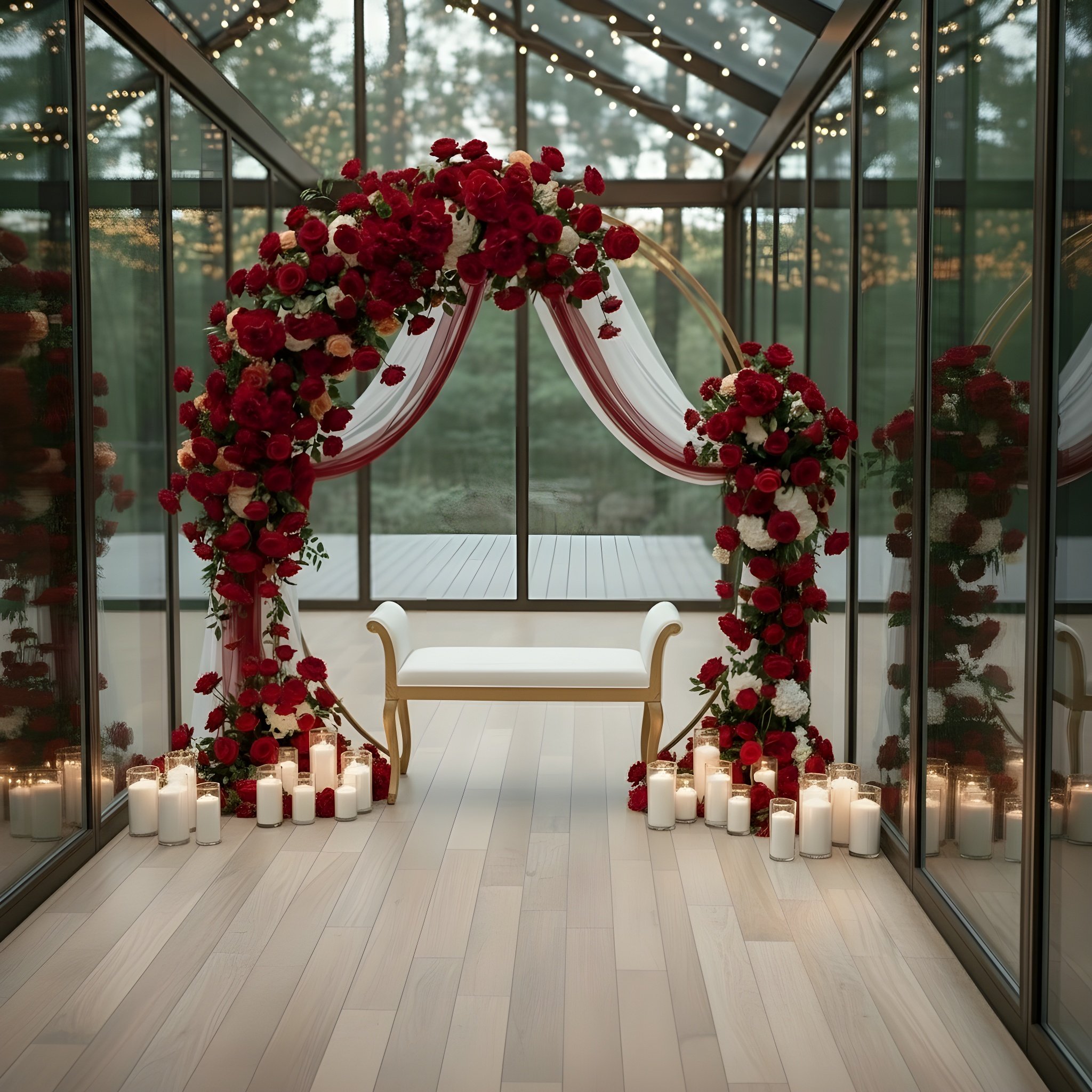 A wedding altar decorated with red and white flowers, draped white fabric, surrounded by candles in glass containers, inside a glass-walled venue with wooden floors and a view of trees outside.