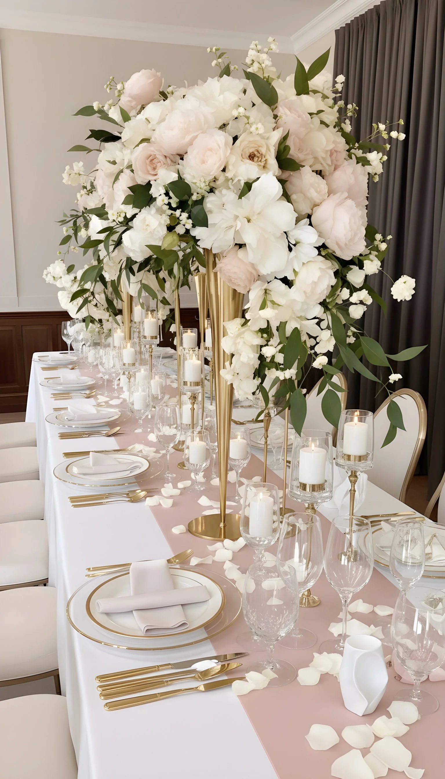 Elegant banquet table with gold accents, large floral centerpiece, white and blush decor, candleholders, and scattered white rose petals.