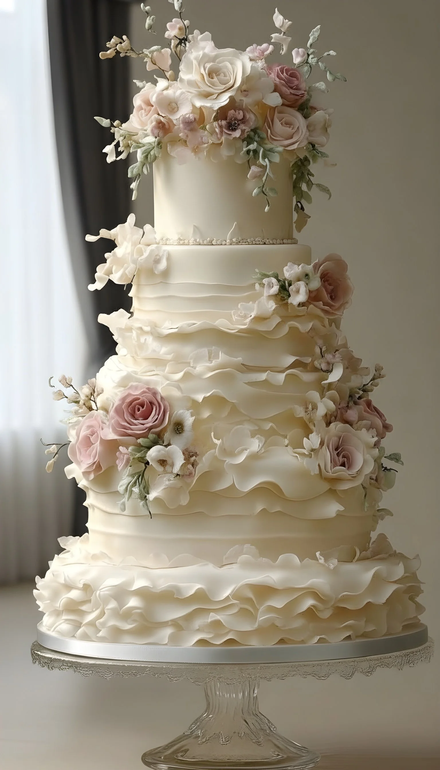 A tall, multi-layer wedding cake decorated with ivory and blush pink flowers, including roses and other blooms, with ruffled fondant details, displayed on a glass cake stand.