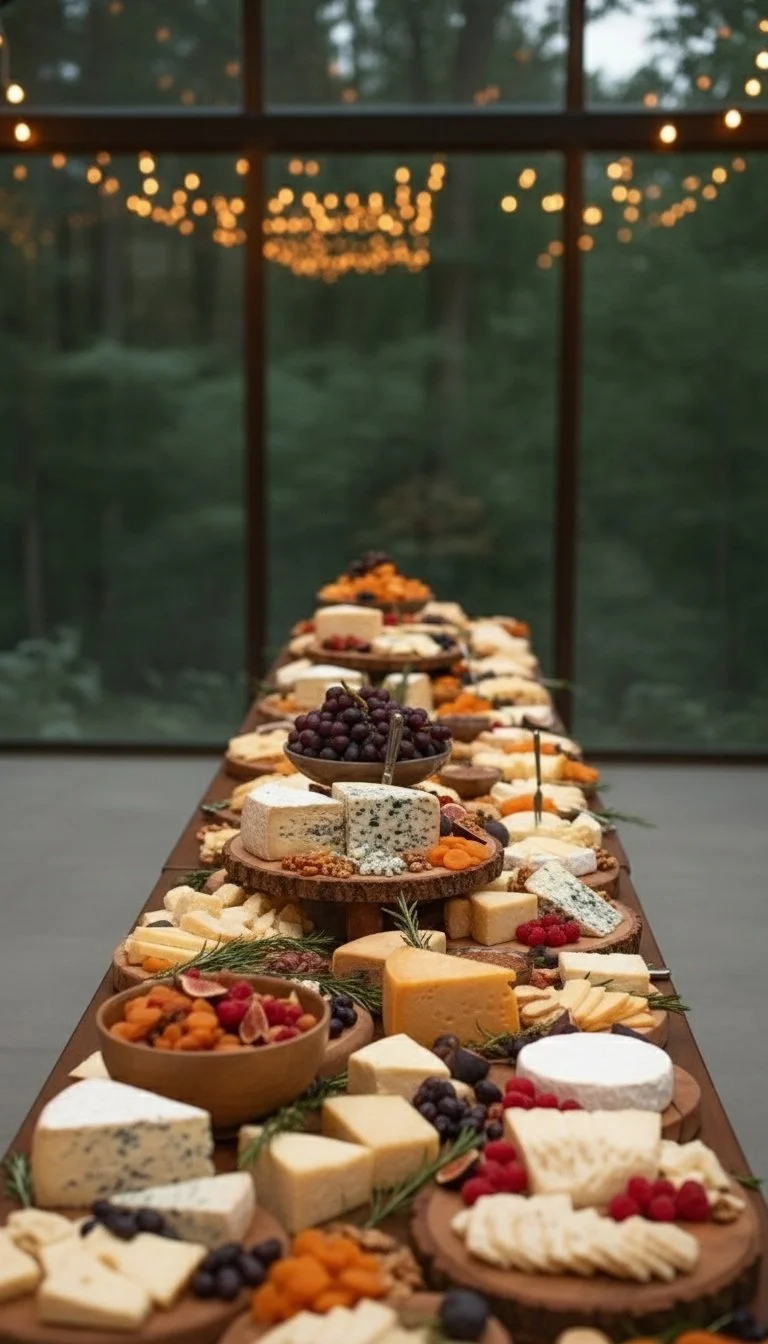 A long wooden table is filled with various cheeses, grapes, and fruit, set in a rustic, outdoor setting with string lights reflected on the window.