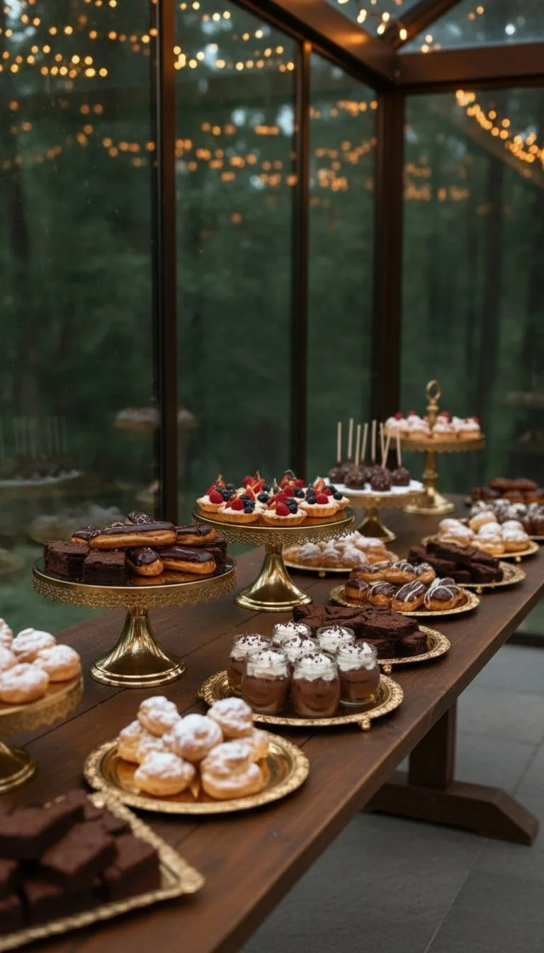 A dessert table with various sweet treats displayed on gold platters, including cookies, brownies, and cake pops, set inside a glass-enclosed area with string lights overhead.