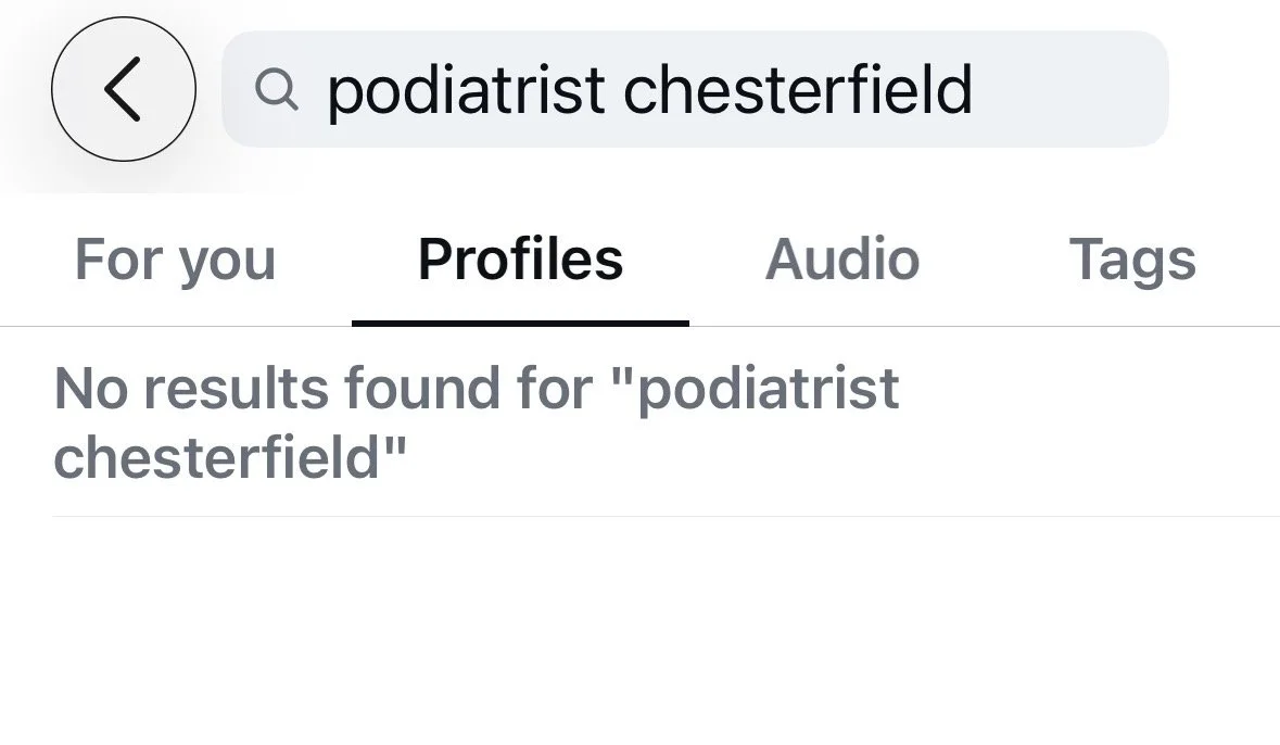 a white box showing an instagram search for a chesterfield podiatrist