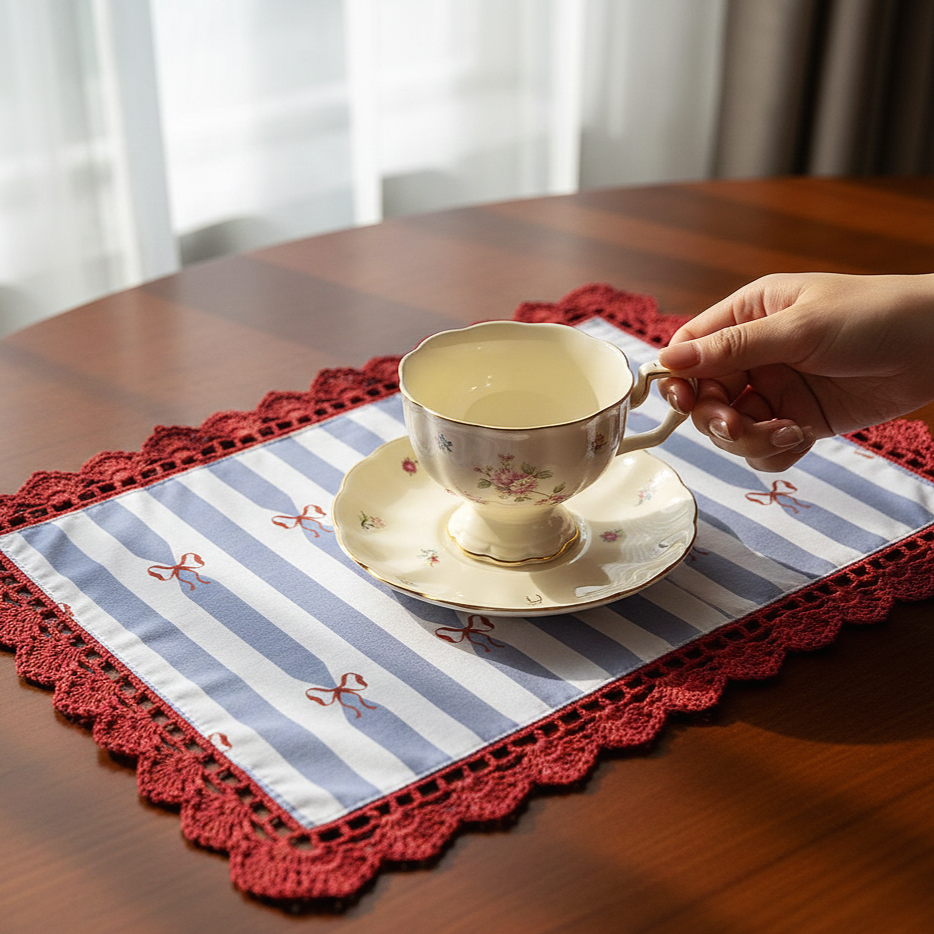 Illustrazione applicata a tovaglietta in tessuto con fiocco disegnato a mano