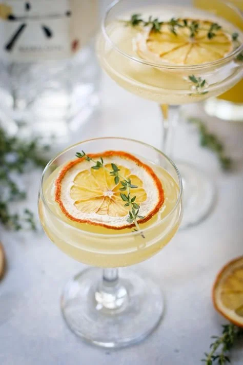 Two cocktail glasses with lemon slices and herbs, garnished with red pepper or chili powder, on a white table.