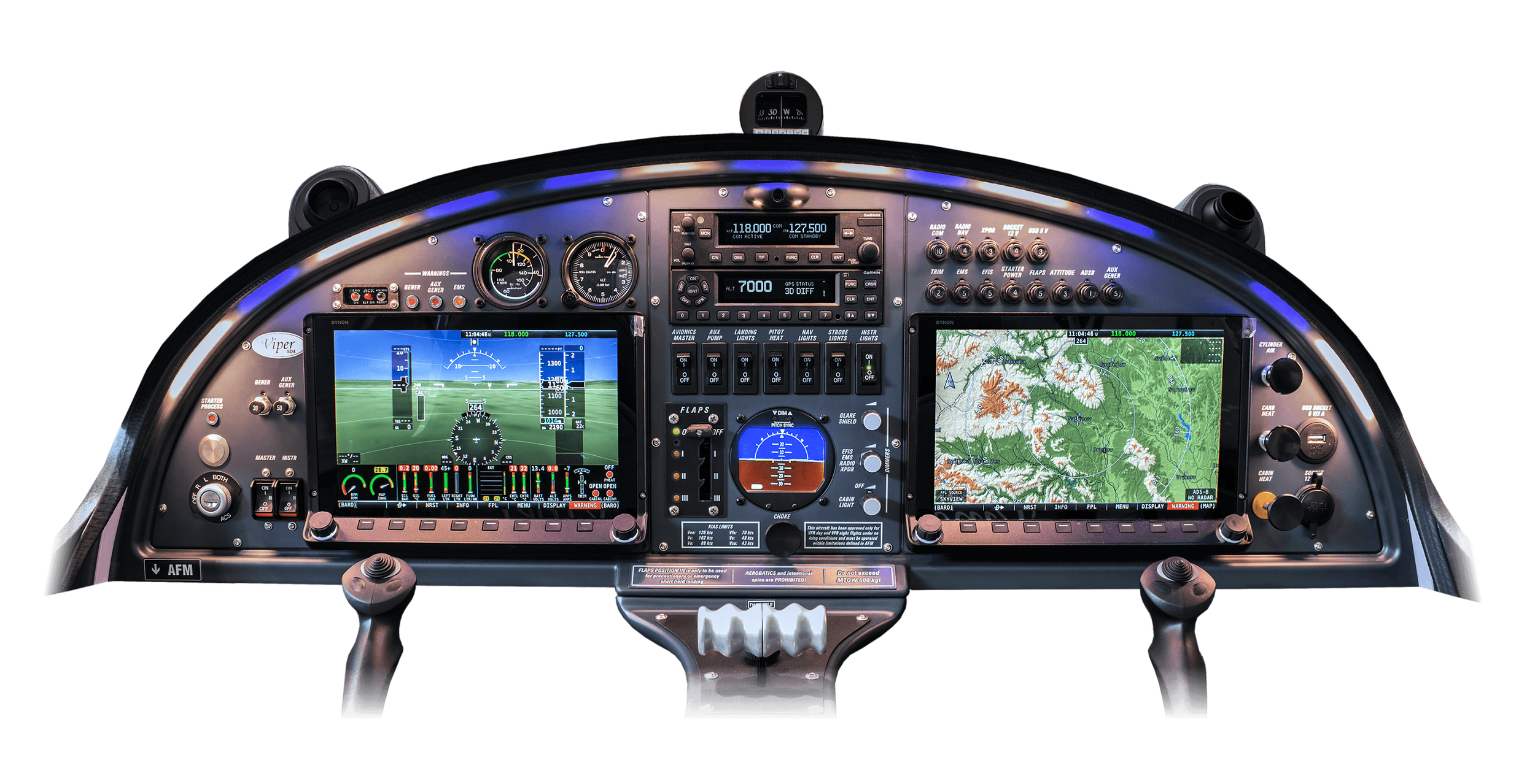 Cockpit eines Flugzeugs mit zwei digitalen Displays, einem Höhenmesser, einem Vertical Speed Indicator, einem Steuerknüppel, verschiedenen Reglern und Instrumenten.