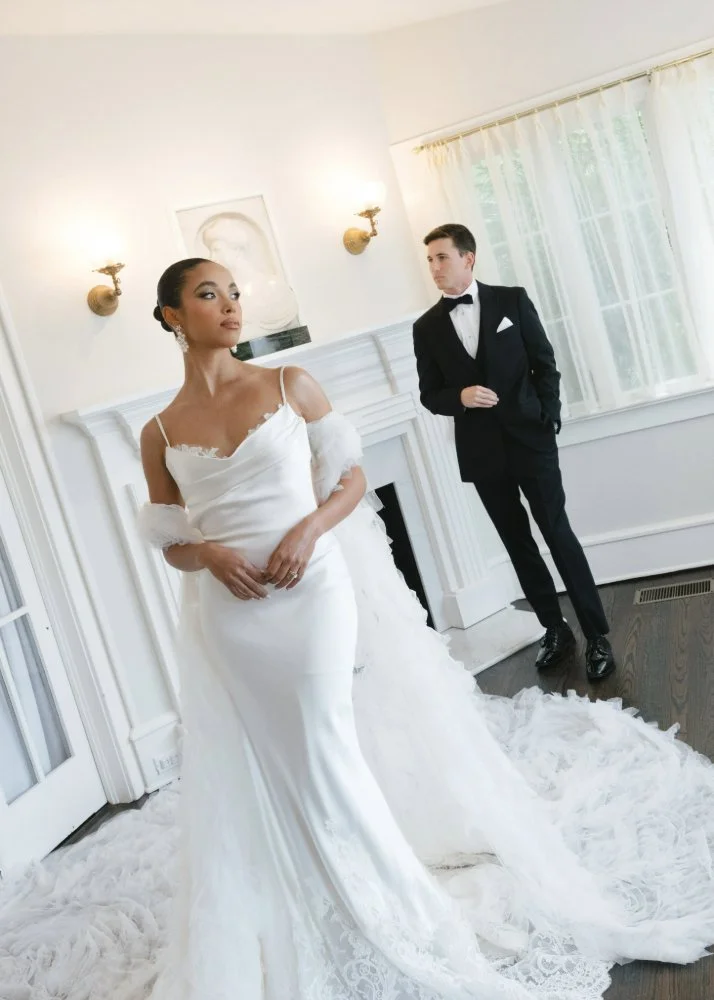 couple posing for minimalistic couture styled wedding shoot