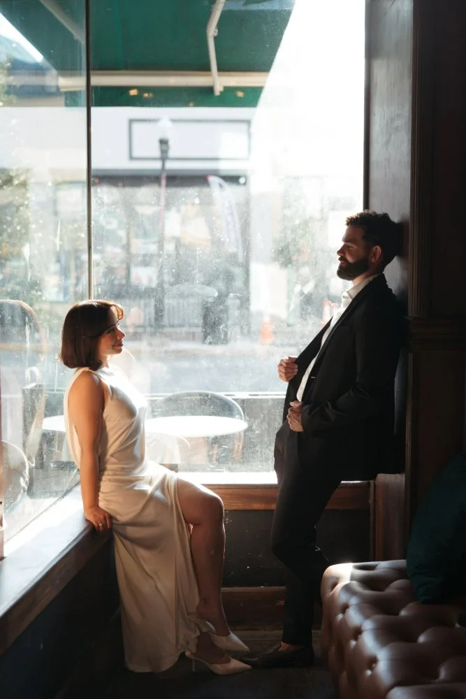 couples facing each other during editorial style engagement session