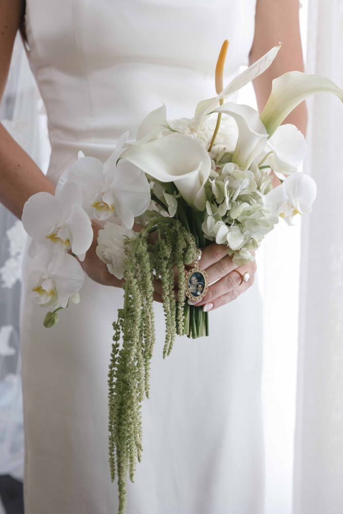 close up photo of brides bouquet in santa barbara destination wedding photoshoot