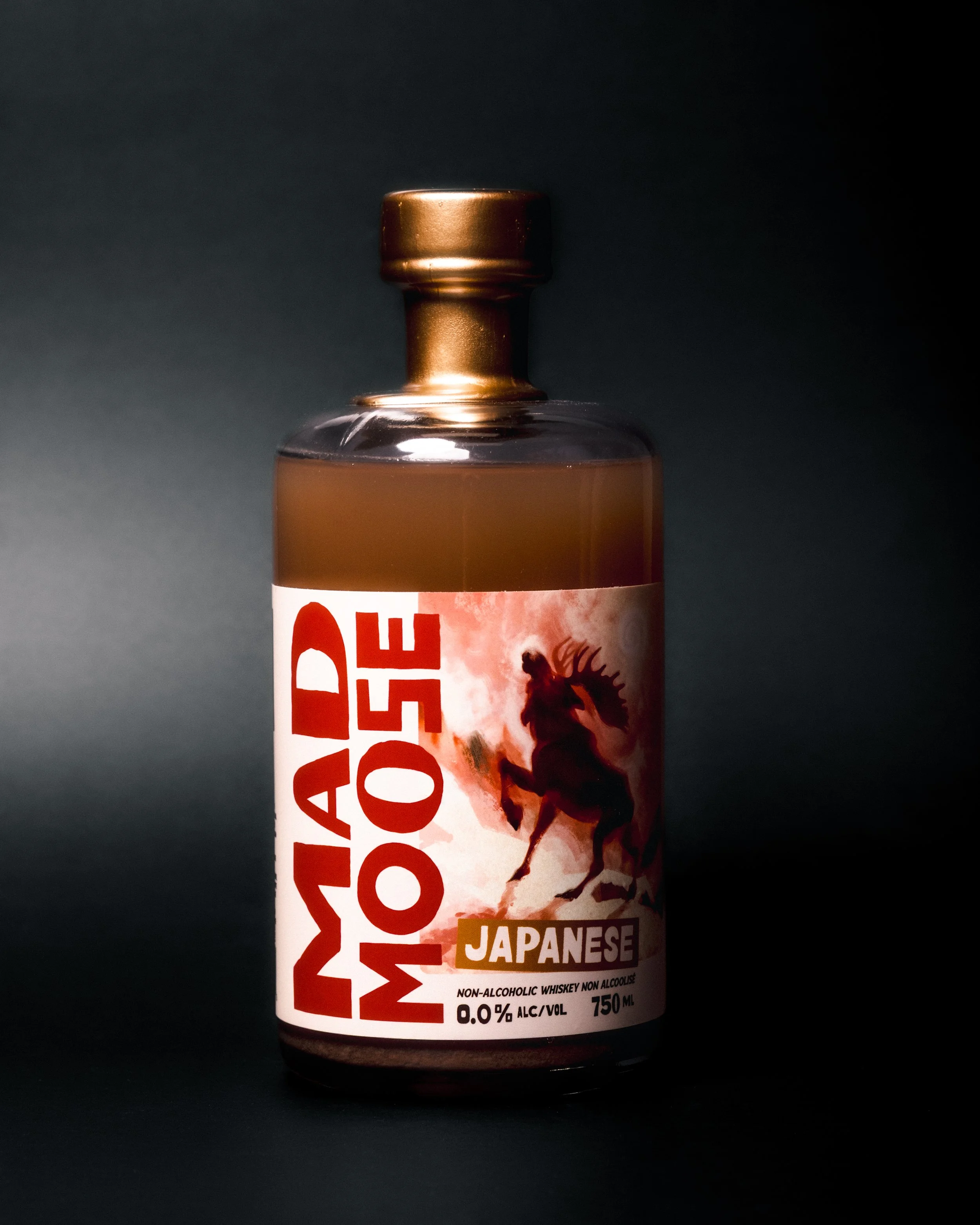 A bottle of alcohol-free Japanese whiskey with a black background.