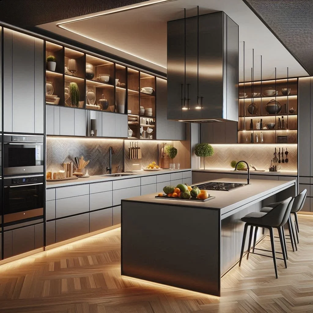 Modern kitchen with gray cabinetry, open shelving with decorative plates and vases, a central island with fruit, and built-in appliances, illuminated by warm under-cabinet and ceiling lighting.