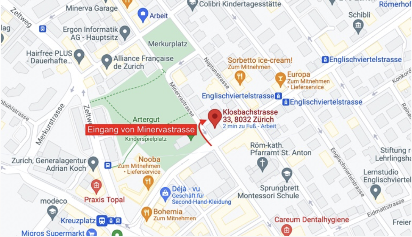 Karte des Stadtteils Zürich mit Standortmarkierung bei Klosbachstrasse 33, Zwischeneingang von Minervastrasse, und Straßen, Geschäfte, Parks und Symbole für öffentliche Verkehrsmittel.