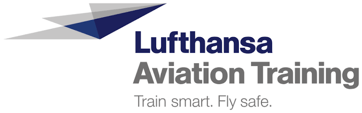 Logo der Lufthansa Aviation Training mit Flügel-Symbol und Slogan 'Train smart. Fly safe.'.