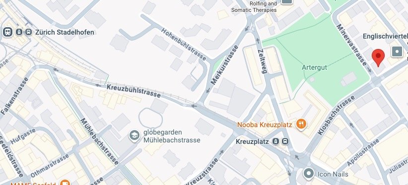 A map of Zürich Stadelhofen area with streets, parks, and landmarks such as Kreuzplatz, Artergut, and Nooba Kreuzplatz.